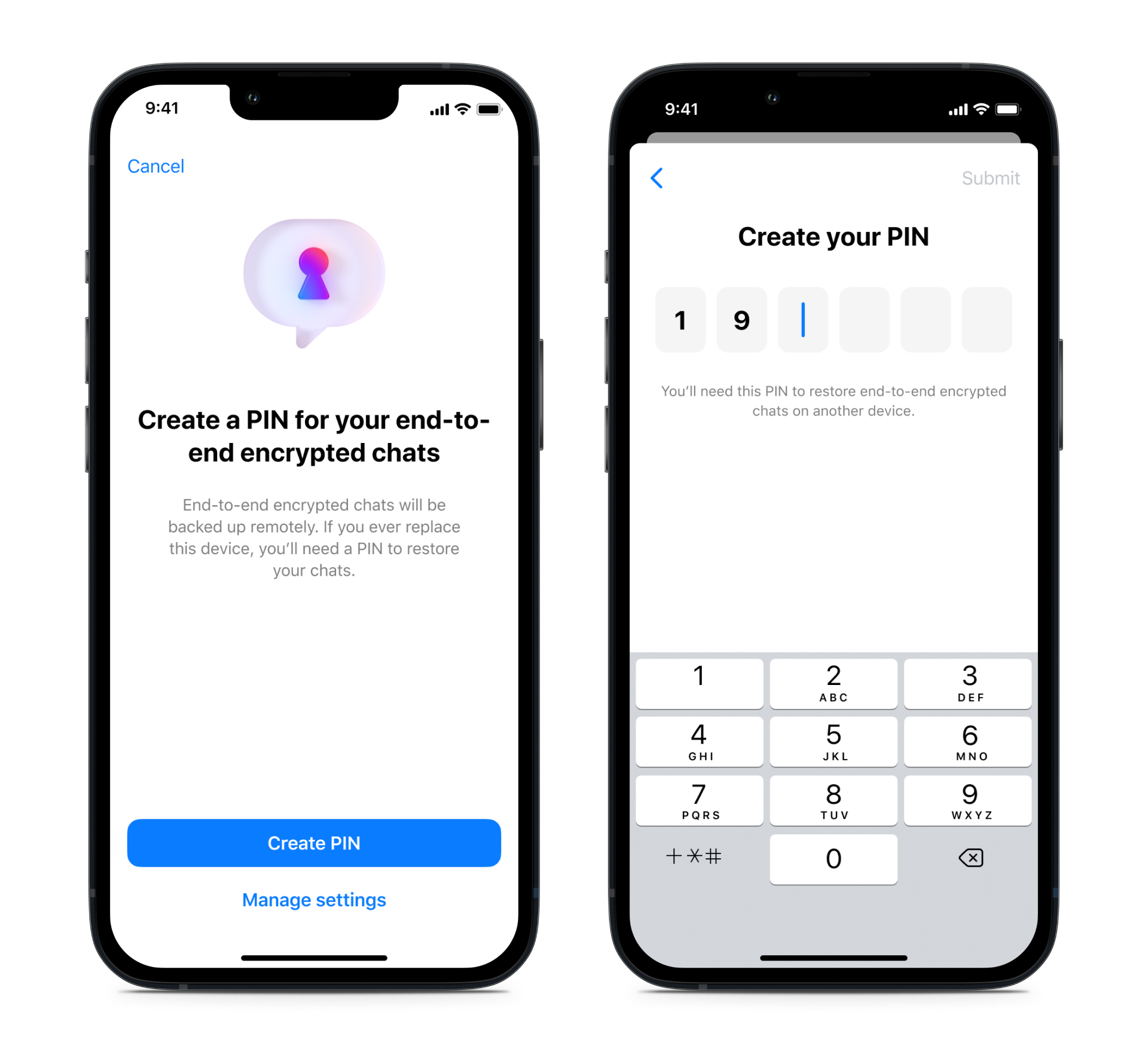 An iPhone showing a prompt on Messenger to create a PIN for end-to-end encrypted chats.